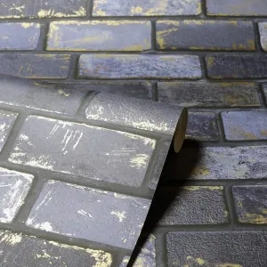 Arthouse Metallic Brick Navy/Gold Wallpaper