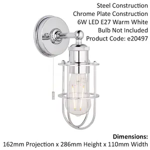 Chrome Plated Industrial Caged Bathroom Wall Light - IP44 Rated - Knurled Detail