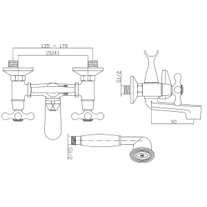 Invena Traditional Cross Head Wall Mounted Bath Tap Filler Mixer Shower Chrome