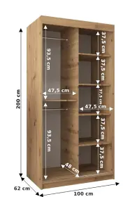 Elegant Torino Mirrored Sliding Door Wardrobe (H)2000mm  (W)1000mm (D)620mm with Ample Storage - White Matt