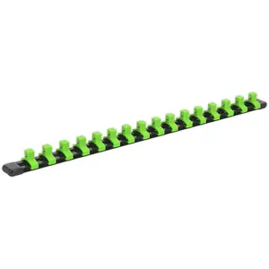 Premium 3/8" Square Drive Bit Holder with 16 Sockets and Green Storage Rail