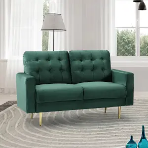 Emerson 139cm Wide Green Velvet Fabric 2 Seat Sofa in a Box with Dark Wooden and Golden Coloured Metal Legs