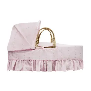 Kinder Valley Broderie Anglaise Pink Baby Moses Basket Bedding Set for Newborn Baby Girl