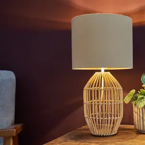 ValueLights Hollins Contemporary Natural Rattan Cylinder Table Lamp with Beige Gold Cylinder Shade