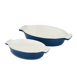 Barbary & Oak B0875002BLU Foundry Ceramic Oval Oven Dish With One Large And One Small Dish, Limoges Blue Limoges Blue