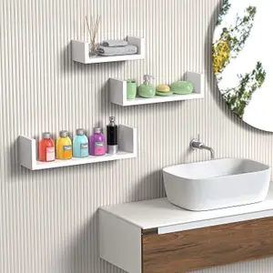 Set of 3 U-Shaped Wooden Wall Mounted Floating Display Shelves Decorative & Creative Office Living Room Bedroom Load 5kg White