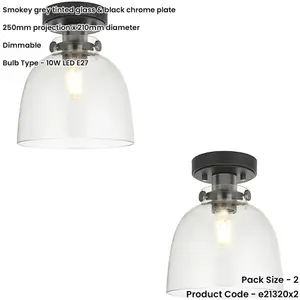 2 PACK Semi Flush Low Ceiling Light - Smokey grey tinted glass & black chrome plate - 10W Max LED E27