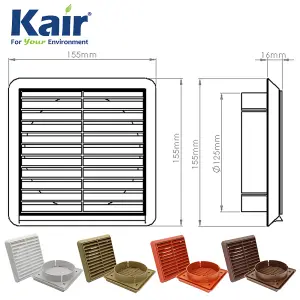 Kair Brown Louvred Grille 155mm External Dimension with Round 125mm - 5 inch Rear Spigot - Wall Ducting Air Vent