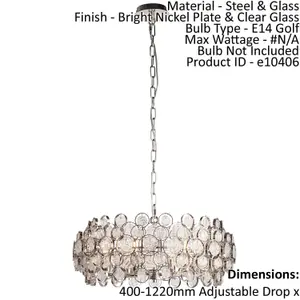 Ceiling Pendant Light Bright Nickel Plate & Clear Glass 6 x 40W E14