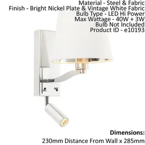 Wall Light Bright Nickel Plate & Vintage White Fabric 40W E14 & 3W LED