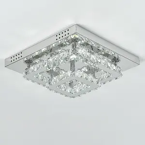 Modern 2-Tiers Square Crystal LED Flush Ceiling Light Fixture Chandelier 40cmx 40cm, Cool White