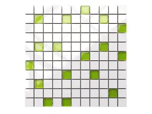 Ceramic mosaic with glass inserts on mesh for bathroom or kitchen 300mm x 300mm - White-green