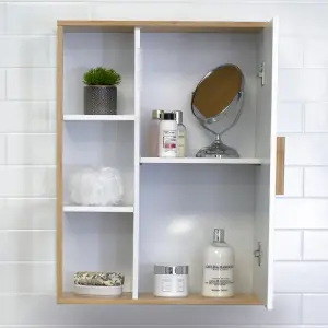 Showerdrape Cassino Matt White & Bamboo Wall Bathroom Cabinet with Display Shelves