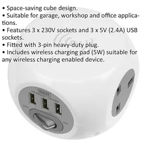 1.4m Extension Cable Cube with 3 Sockets and Wireless Charger