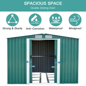 10 x 8 ft Metal Shed Garden Storage Shed Apex Roof Double Door with Base Foundation,Dark Green