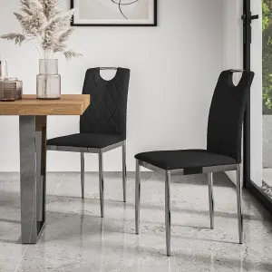 Aria Dining Table And Chairs - Oak Effect Table Top w Chrome Legs + 4 Monza Faux Leather Dining Chairs w Chrome Legs (Black)