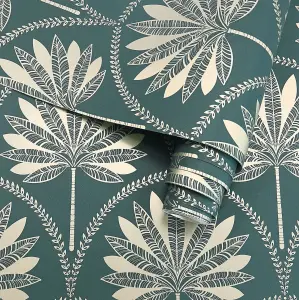 Holden Teal Metallic Gold Tropical Palm Trees Leaves Feature Wallpaper