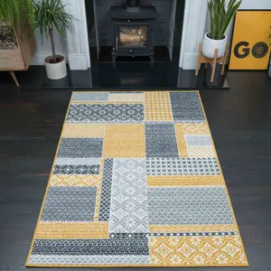 Yellow Ochre Grey Floral Patchwork Living Room Rug 60x110cm