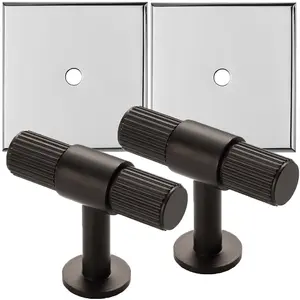 2 PACK - Cabinet Door Knob & Contrasting Backplate Set - Reeded T Bar Pull - Matt Black & Chrome