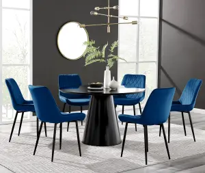 Palma Black Semi Gloss Round Dining Table & 6 Navy Pesaro Black Leg Chairs