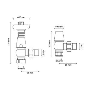 GoodHome Polished Silver Angled Radiator valve & lockshield (Dia)15mm x ½"