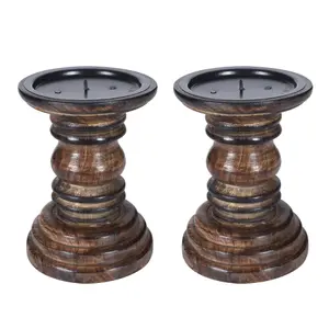 SET OF 2 Rustic Antique Carved Wooden Pillar Church Candle Holder, Light Brown,Small 13cm