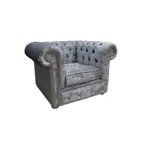 Chesterfield Low Back Club Chair Shimmer Silver Real Velvet Fabric In Classic Style