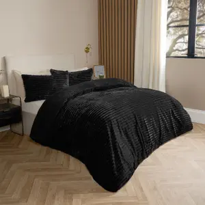 Faux Fur Ribbed Fleece Duvet Cover Bedding Set, Black - Double