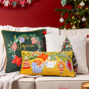 furn. Deck The Halls Embroidered Velvet Feather Filled Cushion