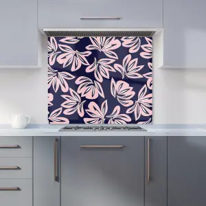 Pink Navy Floral Botanical Pattern Premium Glass Kitchen Splashback W700mm x H650mm