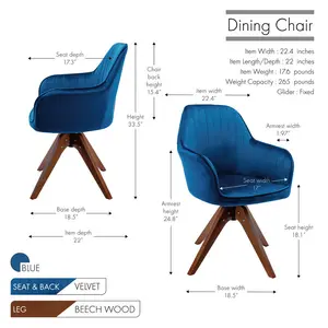 Upholstered Swivel Dining Chair Blue Velvet