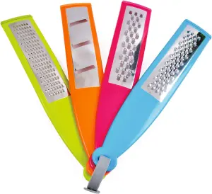 4x Colourful Food Graters with Non-Slip Feet - Flat Stainless Steel Grater and Zester Kitchen Accessory Set - 29cm x 5.5cm