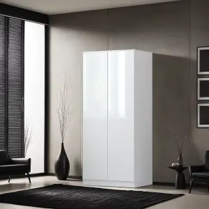 White Gloss 2 Door Double Wardrobe Push Open Soft Closing Bedroom Furniture