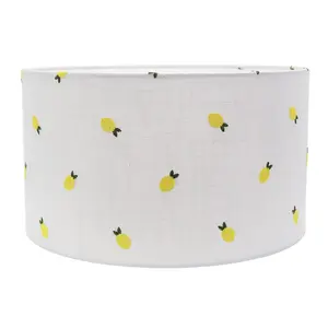 ValueLights Brae Natural White Fabric Lemon Embroidered Medium Drum Lamp Shade with LED Bulb