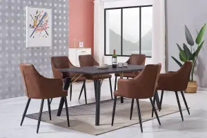 5PCs Zarah Cosmo Dining Table Set w/ a Black Dining Table & 6 Brown Faux Leather Dining Chairs for Dining Room