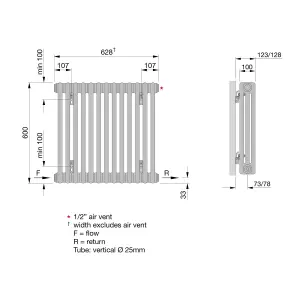 Acova Raw metal 3 Column Radiator, (W)628mm x (H)600mm