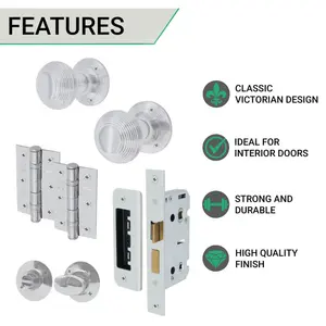 EAI Chrome Door Knobs Reeded Beehive Design Lock Kit 80mm Sashlock 76mm Hinges 2 escutcheons 55mm Sprung Knobs