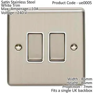 2 Gang Double Light Switch SATIN STEEL 2 Way 10A White Trim & Metal Rocker