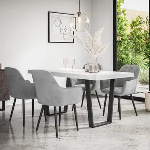 Aria Dining Table And Chairs -  White Marble Effect Table Top w Black Legs + Anika Velvet Dining Chair Set Of 6 (Grey)