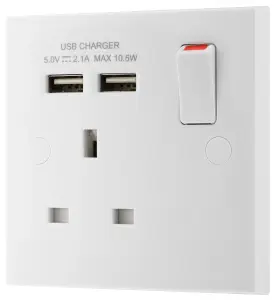 BG White Single 13A Raised square Switched Screwed Socket with USB, x2 & White inserts