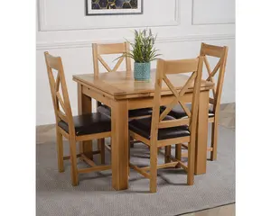 Richmond 90cm - 150cm Square Oak Extending Dining Table and 4 Chairs Dining Set with Berkeley Brown Leather Chairs