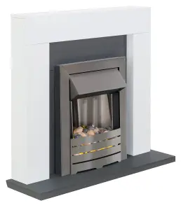 Adam Dakota Fireplace in Pure White & Grey with Helios Electric Fire in Brushed Steel, 39 Inch