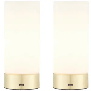 2 PACK - Touch Dimmable Table Lamp Brass & Frosted Glass Shade Light USB Charger