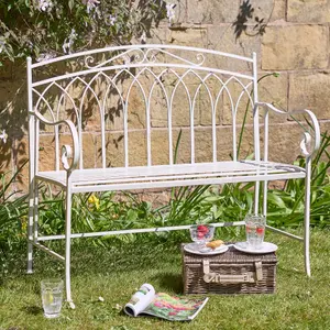 Vintage Style Cream Iron Arched Back Outdoor Garden Furniture Two Seater Garden Bench