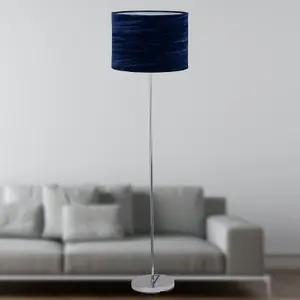 First Choice Lighting Chrome Stick Floor Lamp with Navy Blue Crushed Velvet Shade