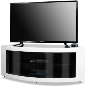 Centurion Supports PANGEA Gloss White Curved Tru-Corner Black Beam-Thru Doors up to 50" TV Cabinet