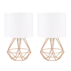 ValueLights Pair of Copper Metal Basket Cage Bed Side Table Lamps with White Fabric Shades With LED Golfball Bulb In Warm White