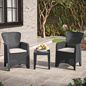 URBNGARDEN 87cm Height Black Coffee Table & Chairs Bistro Set Rattan Garden Furniture Outdoor Patio Set of 3