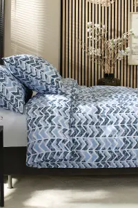 TLC Chevron Blue Printed Percale 100% Cotton Duvet Bedding Cover Set