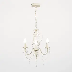 ValueLights Lille Distressed Cream Ornate Vintage Shabby Chic 3 Way Ceiling Light Chandelier with Acrylic Jewels